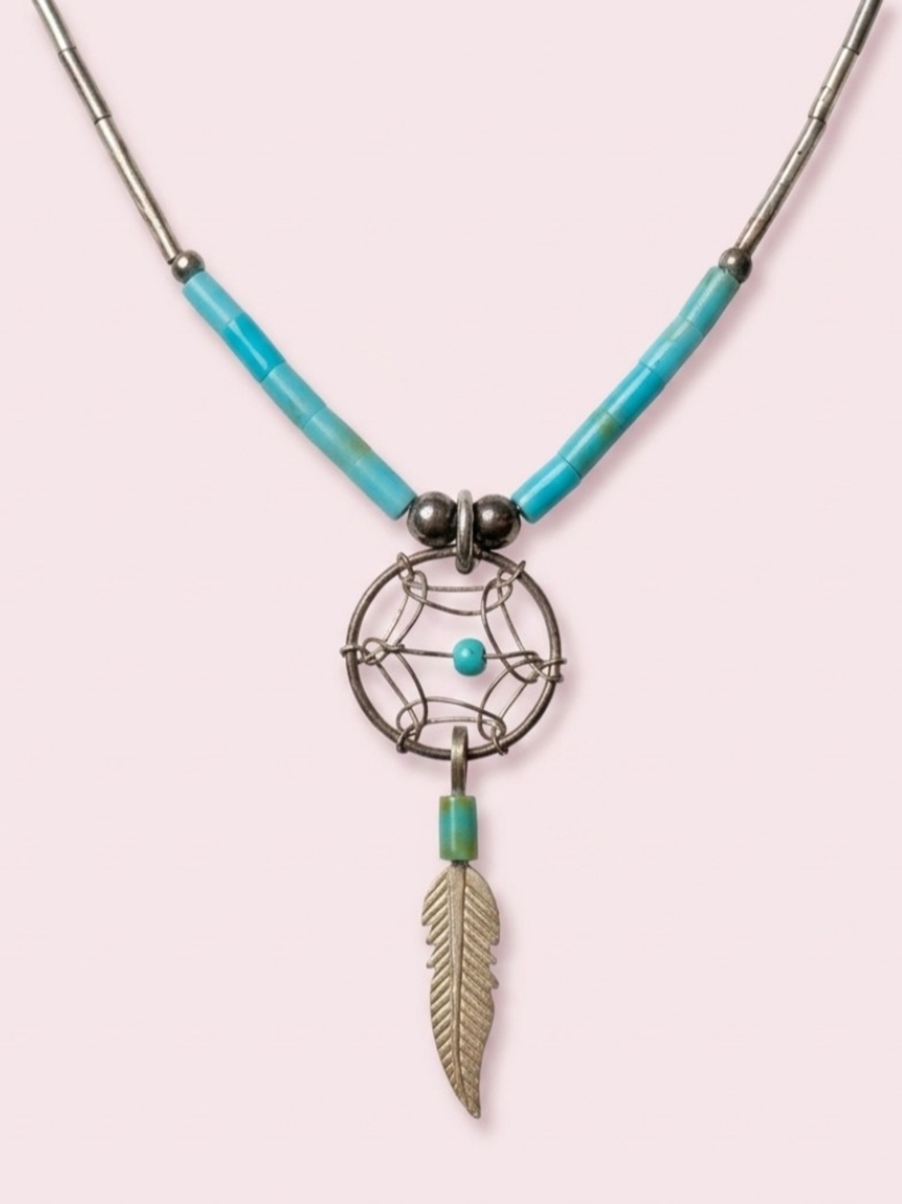 Sterling Liquid Silver Turquoise Dreamcatcher Feather Necklace